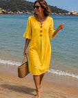 VANESA - Linen dress with texture - Yellow