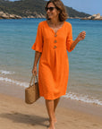 VANESA - Linen dress with texture - Orange