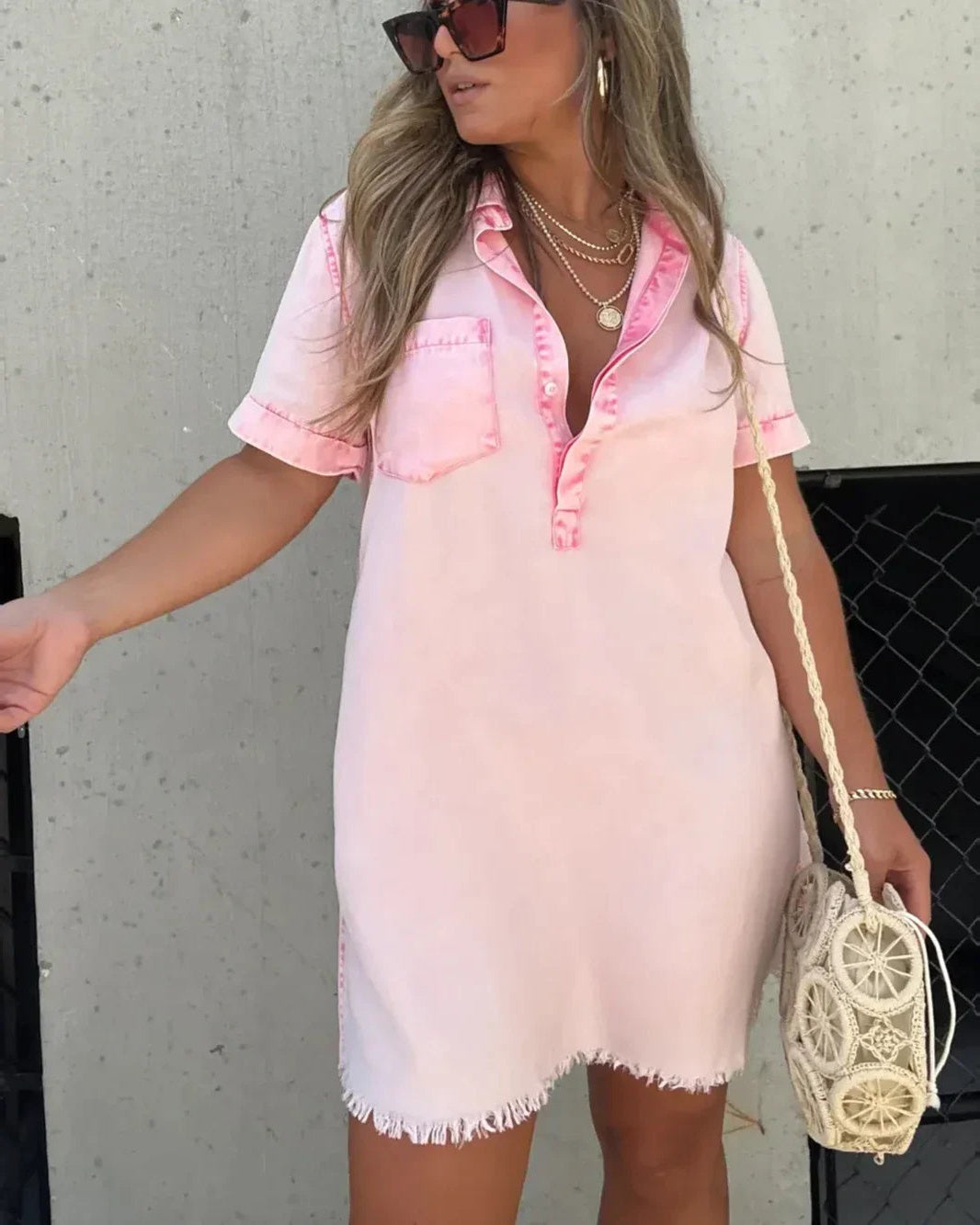 VERA - Denim Shirt Dress - Pink