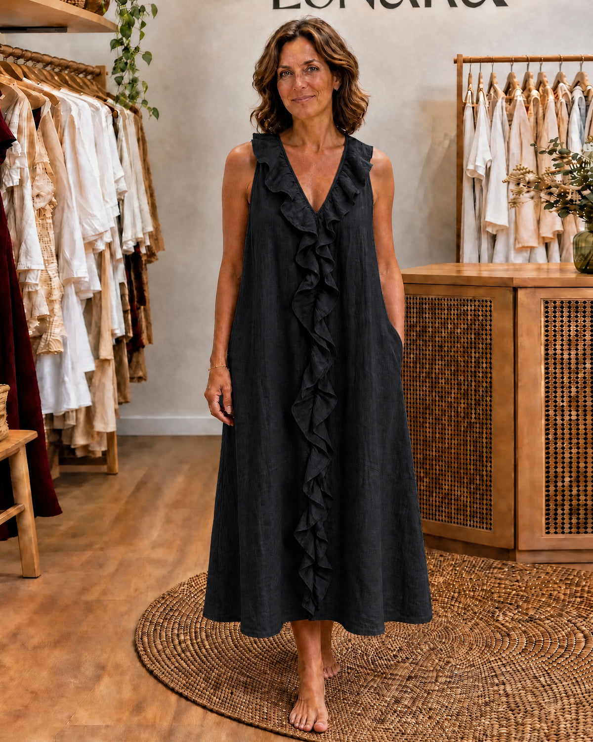 VICKY - Ruffle-Front V-Neck Sleeveless Maxi Dress - Black