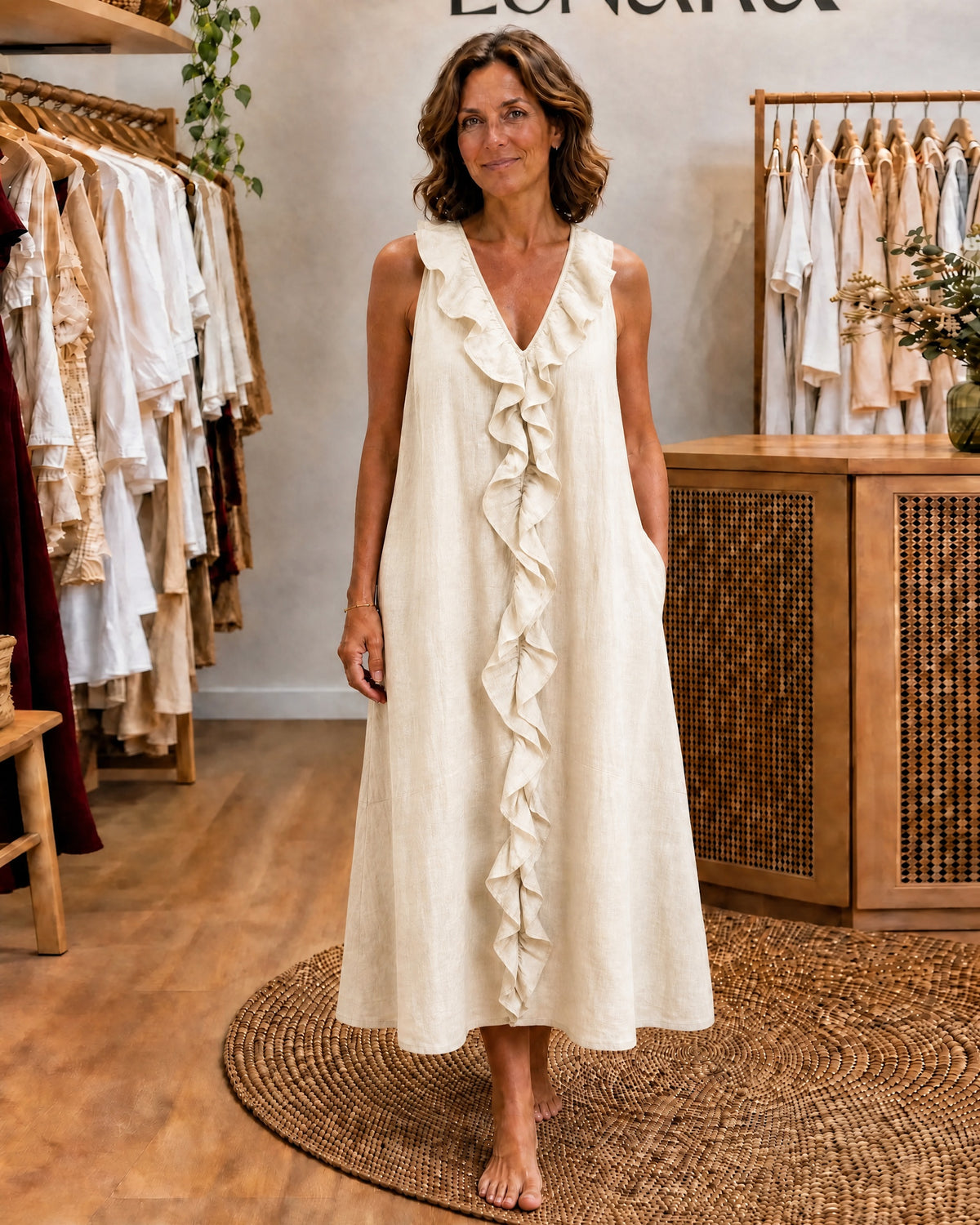 VICKY - Ruffle-Front V-Neck Sleeveless Maxi Dress - Cream