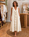 VICKY - Ruffle-Front V-Neck Sleeveless Maxi Dress - Cream