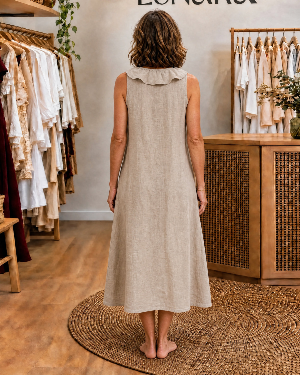 VICKY - Ruffle-Front V-Neck Sleeveless Maxi Dress - Khaki - Back