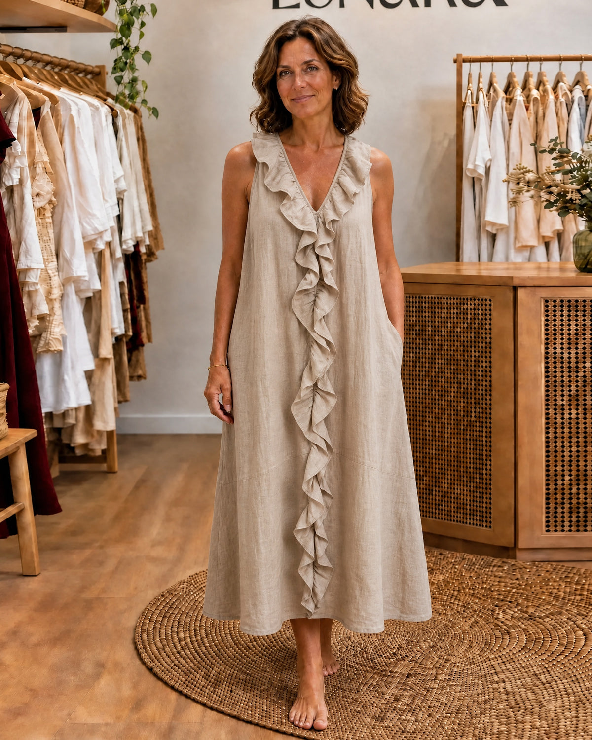VICKY - Ruffle-Front V-Neck Sleeveless Maxi Dress - Khaki