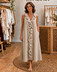 VICKY - Ruffle-Front V-Neck Sleeveless Maxi Dress - Khaki