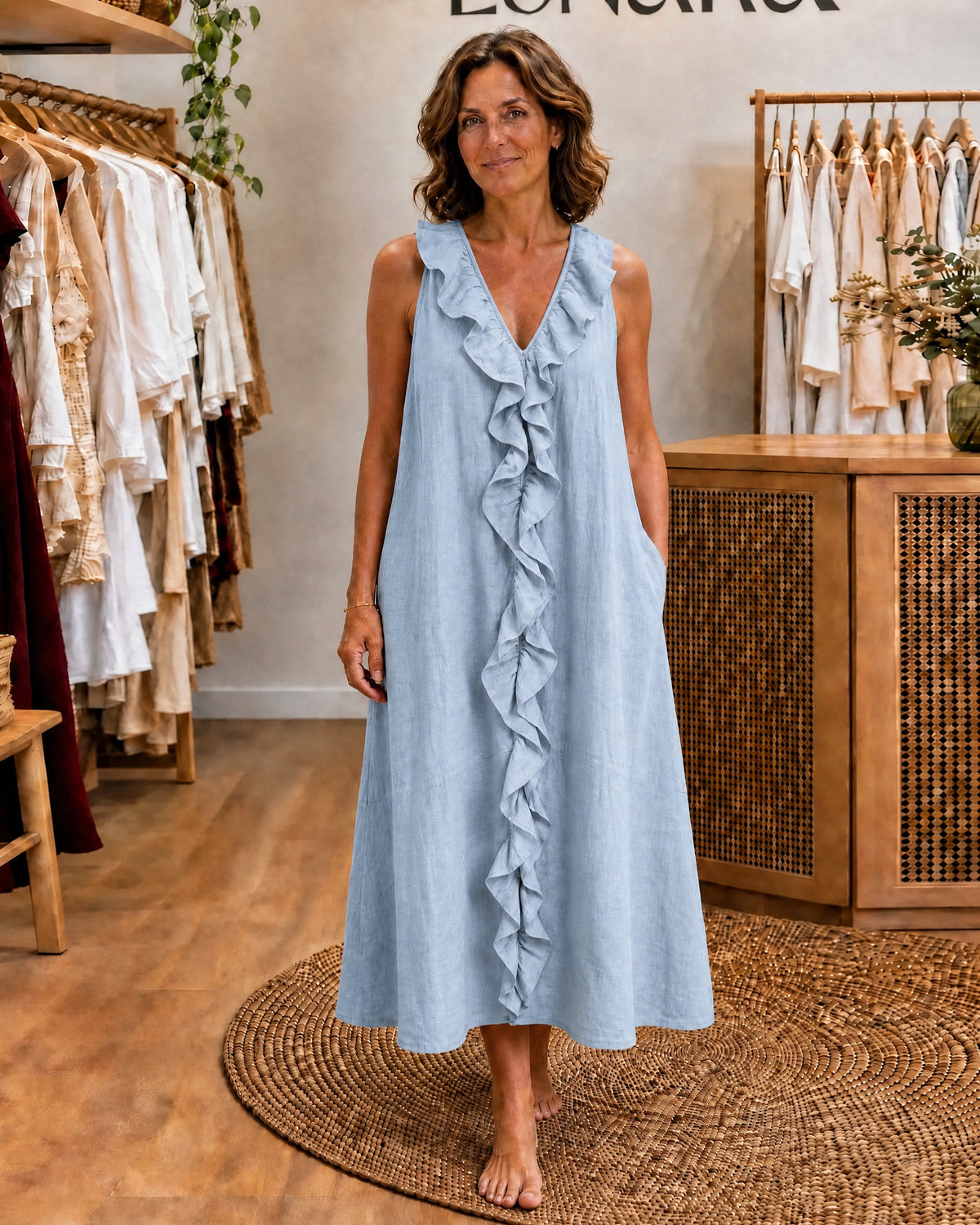 VICKY - Ruffle-Front V-Neck Sleeveless Maxi Dress - Light Blue