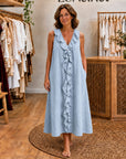 VICKY - Ruffle-Front V-Neck Sleeveless Maxi Dress - Light Blue