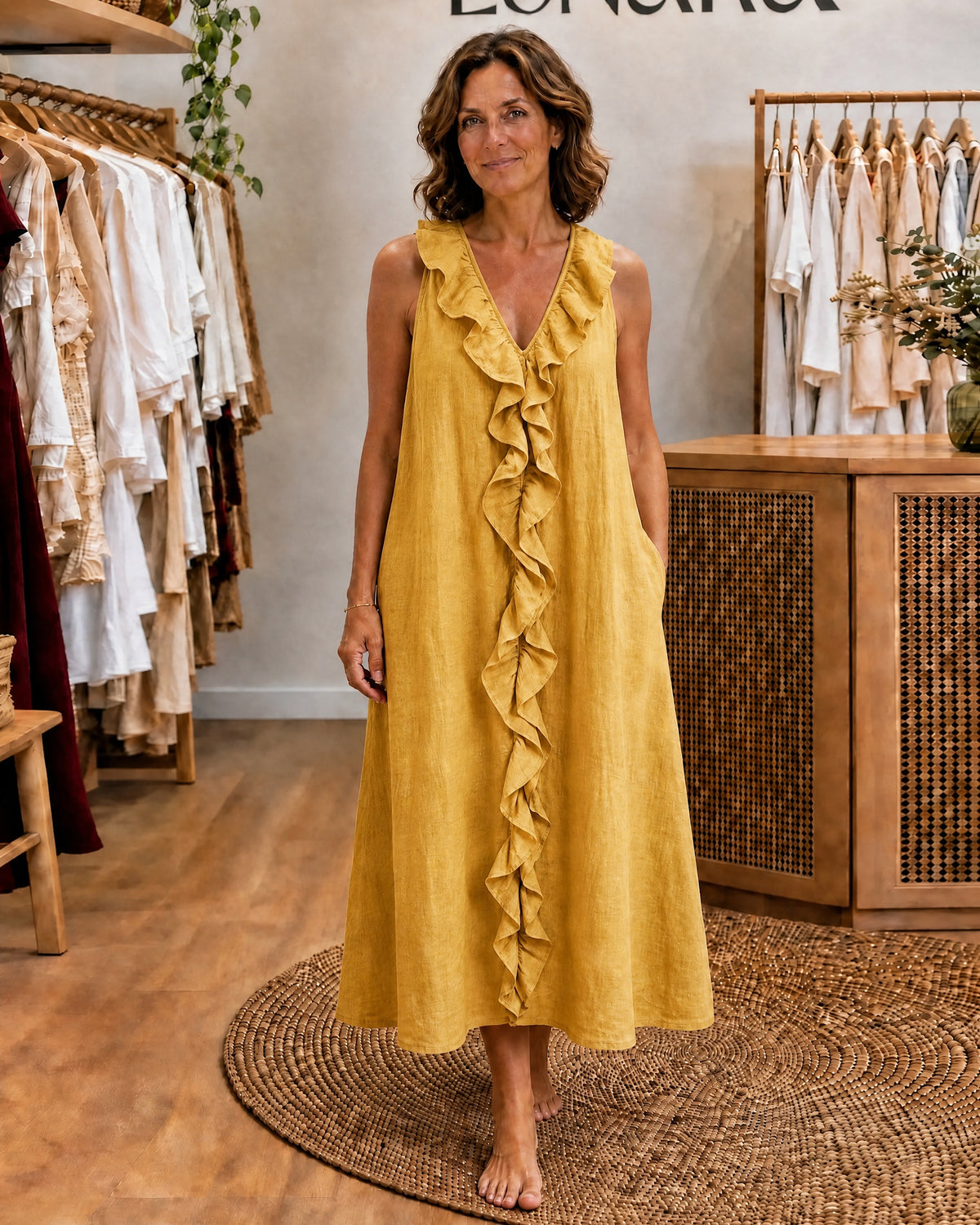 VICKY - Ruffle-Front V-Neck Sleeveless Maxi Dress - Yellow