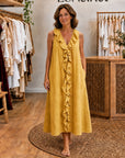 VICKY - Ruffle-Front V-Neck Sleeveless Maxi Dress - Yellow